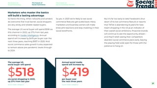 Marketers who master the basics
will build a lasting advantage
So here’s the thing. When networks and vendors
do overcome that trust barrier, social shoppers
are very sticky and reliable repeat buyers.
The average US social buyer will spend $518 via
this channel in 2022, up 27% from last year,
according to Insider Intelligence. Annual
spend will increase by $419 per buyer over the
next three years, reaching $937 in 2025. And
social commerce sales growth is also expected
to remain above pre-pandemic levels through
to 2024.
So yes, in 2023 we’re likely to see social
commerce features get scaled back. Many
marketers and business owners will make
knee-jerk reactions and stop investing in their
social storefronts.
via social shopping in 2022,
up 27% from last year
Source: Insider Intelligence Source: Insider Intelligence
per buyer over
the next three years
$518 $419
The average US
social buyer will spend
Annual social media
spend will increase by
But it’s far too early to take Facebook’s shut-
down of its live commerce feature or reports
that TikTok is abandoning its plans for lives-
tream shopping in the US as an indicator of
their overall social ambitions. Proactive brands
will continue to see the opportunity ahead—
and they’ll relish seeing their competitors
abandon social commerce plans early, leaving
the playing field wide open for those with the
patience to hang on.
The Future of
Social Marketing
The Future of
Social Commerce
The Future of
Social Customer Service
27
 