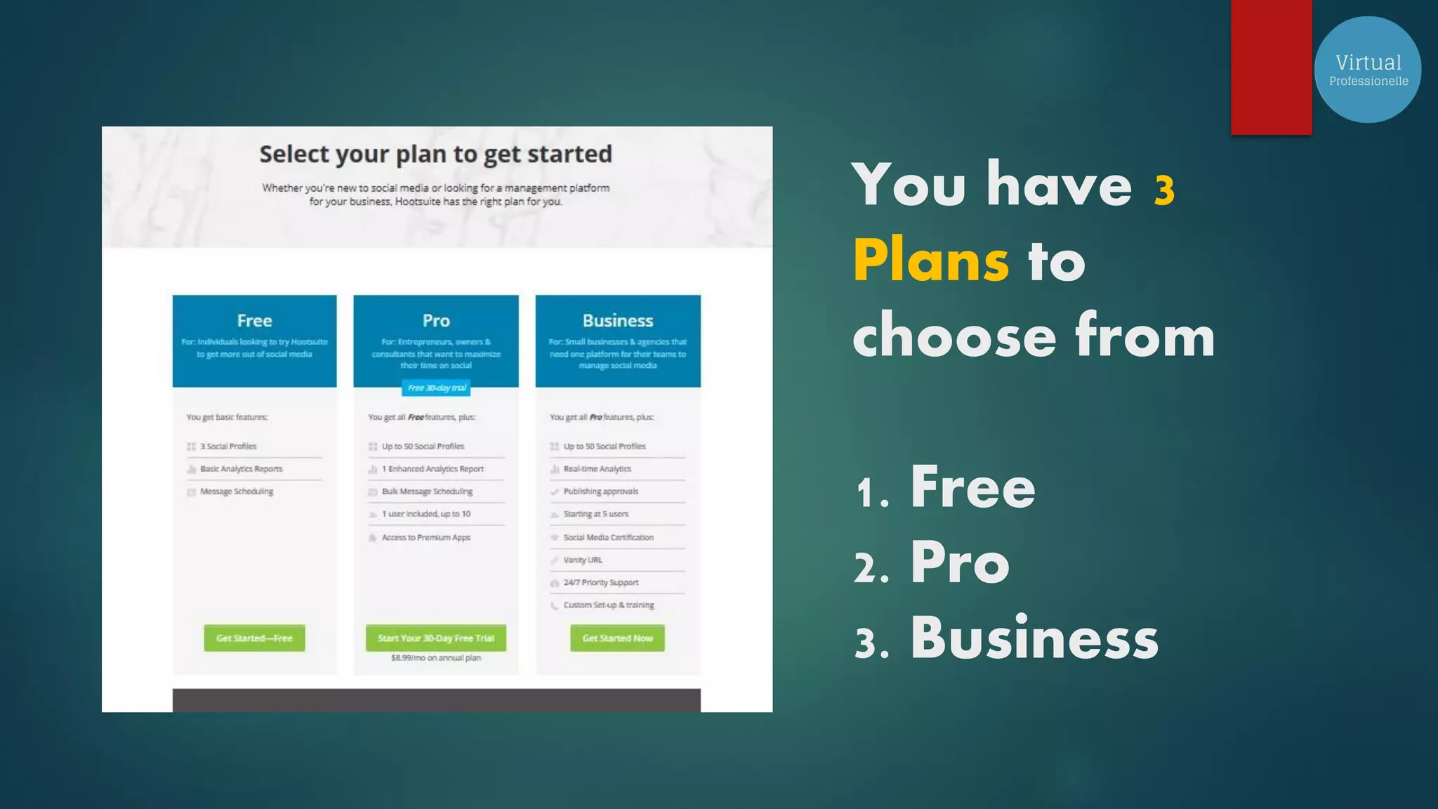 You have 3
Plans to
choose from
1. Free
2. Pro
3. Business
 