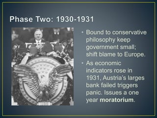 • Bound to conservative
philosophy keep
government small;
shift blame to Europe.
• As economic
indicators rose in
1931, Austria’s larges
bank failed triggers
panic. Issues a one
year moratorium.
 