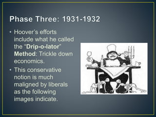 • Hoover’s efforts
include what he called
the “Drip-o-lator”
Method: Trickle down
economics.
• This conservative
notion is much
maligned by liberals
as the following
images indicate.
 