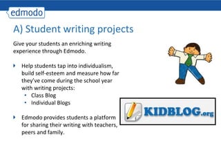 A) Student writing projects
Give your students an enriching writing
experience through Edmodo.

   Help students tap into individualism,
   build self-esteem and measure how far
   they’ve come during the school year
   with writing projects:
    • Class Blog
    • Individual Blogs

   Edmodo provides students a platform
   for sharing their writing with teachers,
   peers and family.
 