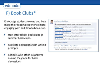 F) Book Clubs*
Encourage students to read and help
make their reading experience more
engaging with an Edmodo book club.

   Host after school book clubs or
   summer book clubs.

   Facilitate discussions with writing
   prompts.

   Connect with other classrooms
   around the globe for book
   discussions.
 