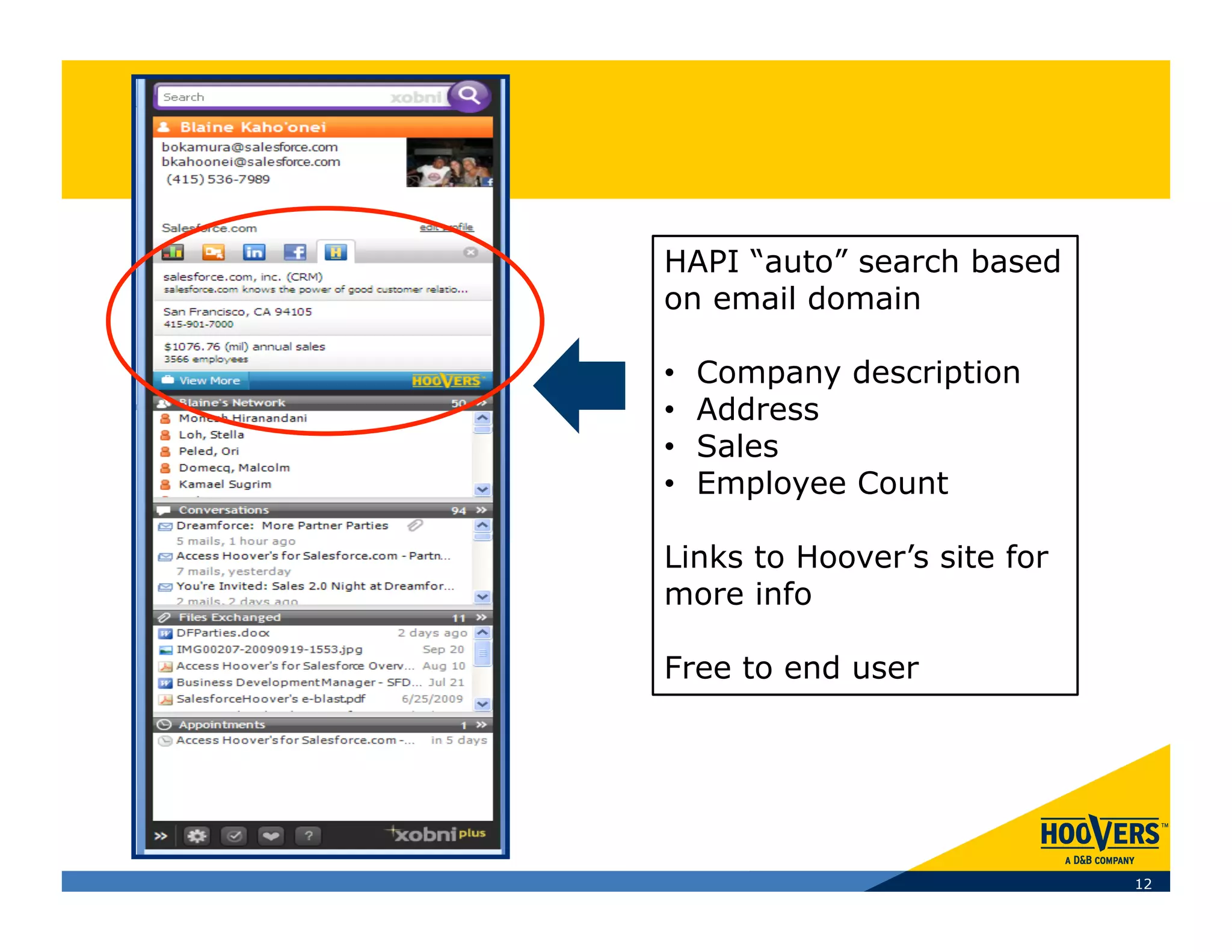 HAPI “auto” search based
on email domain

•    Company description
•    Address
•    Sales
•    Employee Count

Links to Hoover’s site for
more info

Free to end user




                             12
 