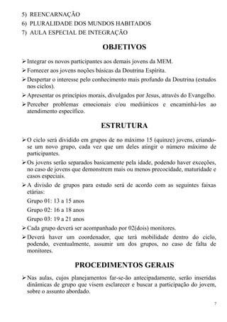 5) REENCARNAÇÃO
6) PLURALIDADE DOS MUNDOS HABITADOS
7) AULA ESPECIAL DE INTEGRAÇÃO
OBJETIVOS
Integrar os novos participantes aos demais jovens da MEM.
Fornecer aos jovens noções básicas da Doutrina Espírita.
Despertar o interesse pelo conhecimento mais profundo da Doutrina (estudos
nos ciclos).
Apresentar os princípios morais, divulgados por Jesus, através do Evangelho.
Perceber problemas emocionais e/ou mediúnicos e encaminhá-los ao
atendimento específico.
ESTRUTURA
O ciclo será dividido em grupos de no máximo 15 (quinze) jovens, criando-
se um novo grupo, cada vez que um deles atingir o número máximo de
participantes.
Os jovens serão separados basicamente pela idade, podendo haver exceções,
no caso de jovens que demonstrem mais ou menos precocidade, maturidade e
casos especiais.
A divisão de grupos para estudo será de acordo com as seguintes faixas
etárias:
Grupo 01: 13 a 15 anos
Grupo 02: 16 a 18 anos
Grupo 03: 19 a 21 anos
Cada grupo deverá ser acompanhado por 02(dois) monitores.
Deverá haver um coordenador, que terá mobilidade dentro do ciclo,
podendo, eventualmente, assumir um dos grupos, no caso de falta de
monitores.
PROCEDIMENTOS GERAIS
Nas aulas, cujos planejamentos far-se-ão antecipadamente, serão inseridas
dinâmicas de grupo que visem esclarecer e buscar a participação do jovem,
sobre o assunto abordado.
7
 
