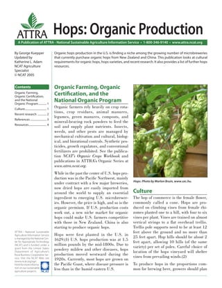 ATTRA                                     Hops: Organic Production
    A Publication of ATTRA - National Sustainable Agriculture Information Service • 1-800-346-9140 • www.attra.ncat.org

By George Kuepper                           Organic hops production in the U.S. is ﬁnding a niche among the growing number of microbreweries
Updated by                                  that currently purchase organic hops from New Zealand and China. This publication looks at cultural
Katherine L. Adam                           requirements for organic hops, hops varieties, and recent research. It also provides a list of further hops
NCAT Agriculture                            resources.
Specialist
© NCAT 2005


Contents                                    Organic Farming, Organic
Organic Farming,
Organic Certiﬁcation,
                                            Certiﬁcation, and the
and the National
Organic Program ............ 1
                                            National Organic Program
Culture................................ 1
                                            Organic farmers rely heavily on crop rota-
Recent research ............. 2
                                            tions, crop residues, animal manures,
                                            legumes, green manures, composts, and
References ........................ 3
                                            mineral-bearing rock powders to feed the
Resources .......................... 4
                                            soil and supply plant nutrients. Insects,
                                            weeds, and other pests are managed by
                                            mechanical cultivation and cultural, biolog-
                                            ical, and biorational controls. Synthetic pes-
                                            ticides, growth regulators, and conventional
                                            fertilizers are prohibited. See the publica-
                                            tion NCAT’s Organic Crops Workbook and
                                            publications in ATTRA’s Organic Series at
                                            www.attra.ncat.org.
                                            While in the past the center of U.S. hops pro-
                                            duction was in the Paciﬁc Northwest, mainly
                                                                                                   Hops. Photo by Marlon Bruin, www.sxc.hu.
                                            under contract with a few major breweries,
                                            now dried hops are easily imported from
                                            around the world to supply an essential                Culture
                                            ingredient to emerging U.S. microbrewer-               The hop of commerce is the female ﬂower,
                                            ies. However, the price is high, and so is the         commonly called a cone. Hops are pro-
                                            organic premium. If U.S. production costs              duced on climbing vines from female rhi-
                                            work out, a new niche market for organic               zomes planted one to a hill, with four to six
                                            hops could make U.S. farmers competitive               vines per plant. Vines are trained on almost
                                            with those in New Zealand. China is also               vertical strings to a ﬂat overhead trellis.
                                            starting to produce organic hops.                      Trellis pole supports need to be at least 12
ATTRA - National Sustainable                                                                       feet above the ground and no more than
Agriculture Information Service             Hops were ﬁrst planted in the U.S. in
                                                                                                   25 feet apart. Hop hills should be about 2
is managed by the National Cen-
                                            1629.(1) U.S. hops production was at 1.5
ter for Appropriate Technology                                                                     feet apart, allowing 10 hills (of the same
(NCAT) and is funded under a                million pounds by the mid-1800s. Due to
                                                                                                   variety) per set of poles. Careful choice of
grant from the United States
                                            powdery mildew and other diseases, hops
Department of Agriculture’s                                                                        location of the hops vineyard will shelter
Rural Business-Cooperative Ser-             production moved westward during the
                                                                                                   vines from prevailing winds.(2)
vice. Visit the NCAT Web site
(www.ncat.org/agri.
                                            1920s. Currently, most hops are grown on
html) for more informa-                     the Paciﬁc Coast, where disease pressure is            To produce hops in the proportions com-
tion on our sustainable
agriculture projects. ����
                                            less than in the humid eastern U.S.                    mon for brewing beer, growers should plan
 