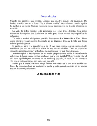 Cerrar círculos
Cuando nos acontece una pérdida, sentimos que nuestro mundo está devastado. De
hecho, se utiliza mucho la frase: “Vas a rehacer tu vida”, especialmente cuando alguien
ha perdido a su pareja. Nuestra existencia parece desecha pero no lo está, al menos no
toda ella.
La vida de todos nosotros está compuesta por ocho áreas distintas. Son como
rebanadas de un pastel que conforman un todo, pero tienen su área muy específica de
aplicación.
Te invito a realizar el siguiente ejercicio denominado La Rueda de la Vida. Tiene
como objetivo evaluar nuestro desempeño en las diferentes áreas de la vida, con fecha
del día que lo hagamos.
El centro es cero y la circunferencia es 10. Así pues, marca con un puntito donde
consideres que está tu calificación el día de hoy en cada división. Toma en cuenta las
siguientes especificaciones y al final une tus puntos para ver qué figura te queda.
Analiza después si hay equilibrio en esa rueda. ¿Si pudiéramos borrar la circunferencia
del círculo la figura creada por tus resultados giraría con facilidad? Observa si tu vida tal
vez tiene equilibrio pero se mueve en un nivel muy pequeño, es decir, la vida te ofrece
10, pero si tú te conformas con un 6, algo pasa ahí.
Piensa que tu rueda y la de tu pareja forman una carreta en la que están subidos los
hijos. Tu responsabilidad es mantener tu rueda lo más redonda posible; no ser ambas
ruedas, la carreta y el camino.
La Rueda de la Vida
112
 