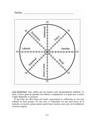 Área Intelectual. Aquí califica qué tan inquieto estás intelectualmente hablando. Es
decir, si tienes ganas de aprender otro idioma o computación, si te gusta leer, si asistes
a algún diplomado o consejería.
Si has leído este libro hasta este punto, seguramente tu calificación en esta área
reflejará un buen puntaje. En este caso, es importante ver qué tanto pasas de la
intención a la acción, porque puedes querer hacer muchas cosas, pero en la realidad no
concretar ninguna.
113
 
