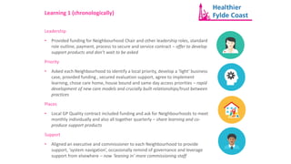 Learning 1 (chronologically)
Leadership
• Provided funding for Neighbourhood Chair and other leadership roles, standard
role outline, payment, process to secure and service contract – offer to develop
support products and don’t wait to be asked
Priority
• Asked each Neighbourhood to identify a local priority, develop a ‘light’ business
case, provided funding , secured evaluation support, agree to implement
learning, chose care home, house bound and same day access priorities – rapid
development of new care models and crucially built relationships/trust between
practices
Places
• Local GP Quality contract included funding and ask for Neighbourhoods to meet
monthly individually and also all together quarterly – share learning and co-
produce support products
Support
• Aligned an executive and commissioner to each Neighbourhood to provide
support, ‘system navigation’, occasionally remind of governance and leverage
support from elsewhere – now ‘leaning in’ more commissioning staff
 