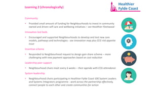 Learning 2 (chronologically)
Community
• Provided small amount of funding for Neighbourhoods to invest in community
owned and driven self care and wellbeing initiatives – see Healthier Fleetwood
Innovation test beds
• Encouraged and supported Neighbourhoods to develop and test new care
models, pathways and technologies - see innovation map plus CCG risk appetite
issue
Incentive scheme
• Responded to Neighbourhood request to design gain share scheme – more
challenging with new payment approaches based on cost reduction
Leadership peer support
• Neighbourhood chairs meet every 6 weeks – their agenda with CCG attendance
System leadership
• Neighbourhood chairs participating in Healthier Fylde Coast 100 System Leaders
and Systems Integrators programme - work across the partnership effectively,
connect people to each other and create communities for action
 