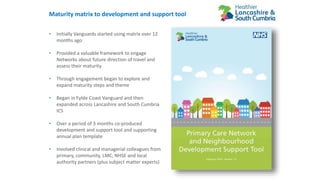 • Initially Vanguards started using matrix over 12
months ago
• Provided a valuable framework to engage
Networks about future direction of travel and
assess their maturity
• Through engagement began to explore and
expand maturity steps and theme
• Began in Fylde Coast Vanguard and then
expanded across Lancashire and South Cumbria
ICS
• Over a period of 3 months co-produced
development and support tool and supporting
annual plan template
• Involved clinical and managerial colleagues from
primary, community, LMC, NHSE and local
authority partners (plus subject matter experts)
Maturity matrix to development and support tool
 