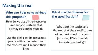 Making this real
Who can help us to achieve
this purpose?
How do we use all the resources
and support systems that
already exist in the system?
Use the pink post-its to suggest
groups within the system and
the resources and support they
bring
What are the themes for
the specification?
What are the topics and
themes that the specification
of support needs to cover
(enabling PCNs to work
inter-dependently)?
 