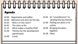 10.00 Registration and coffee
10.30 Welcome and aims for the day
10.35 Who is in the room?
10.45 The story so far
11.15 What makes a healthy PCN?
12.30 Themes for the development
specification
13.00 Lunch
13.45 An “unconference” to
develop the key themes
15.30 Putting our plans in to
action
16.00 Bringing the plans
together
16.30 Close
 