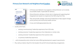 Primary Care Network and Neighbourhood Leaders
• A Primary Care Network must appoint a Clinical Director as its named,
acc...