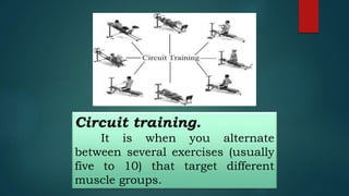 Circuit training.
It is when you alternate
between several exercises (usually
five to 10) that target different
muscle groups.
 