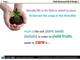 | Hope... Sheikh Muhammed Salih Al-Munajjid |
Worldly life is the field in which to plant
To harvest the crops in the Hereafter
Heart is like soil. plant seeds
(beliefs) in order to yield fruits,
water it, careit....
WISD M www.wisdomislam.org | facebook.com/wisdomislamicmissionGLOBAL ISLAMIC MISSION
 