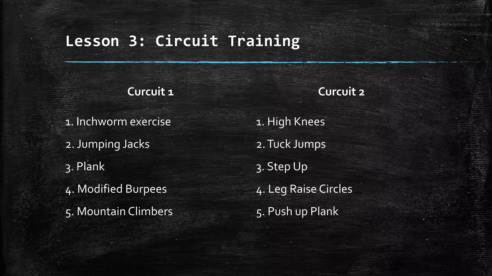 Lesson 3: Circuit Training
Curcuit 1
1. Inchworm exercise
2. Jumping Jacks
3. Plank
4. Modified Burpees
5. Mountain Climbers
Curcuit 2
1. High Knees
2.Tuck Jumps
3. Step Up
4. Leg Raise Circles
5. Push up Plank
 