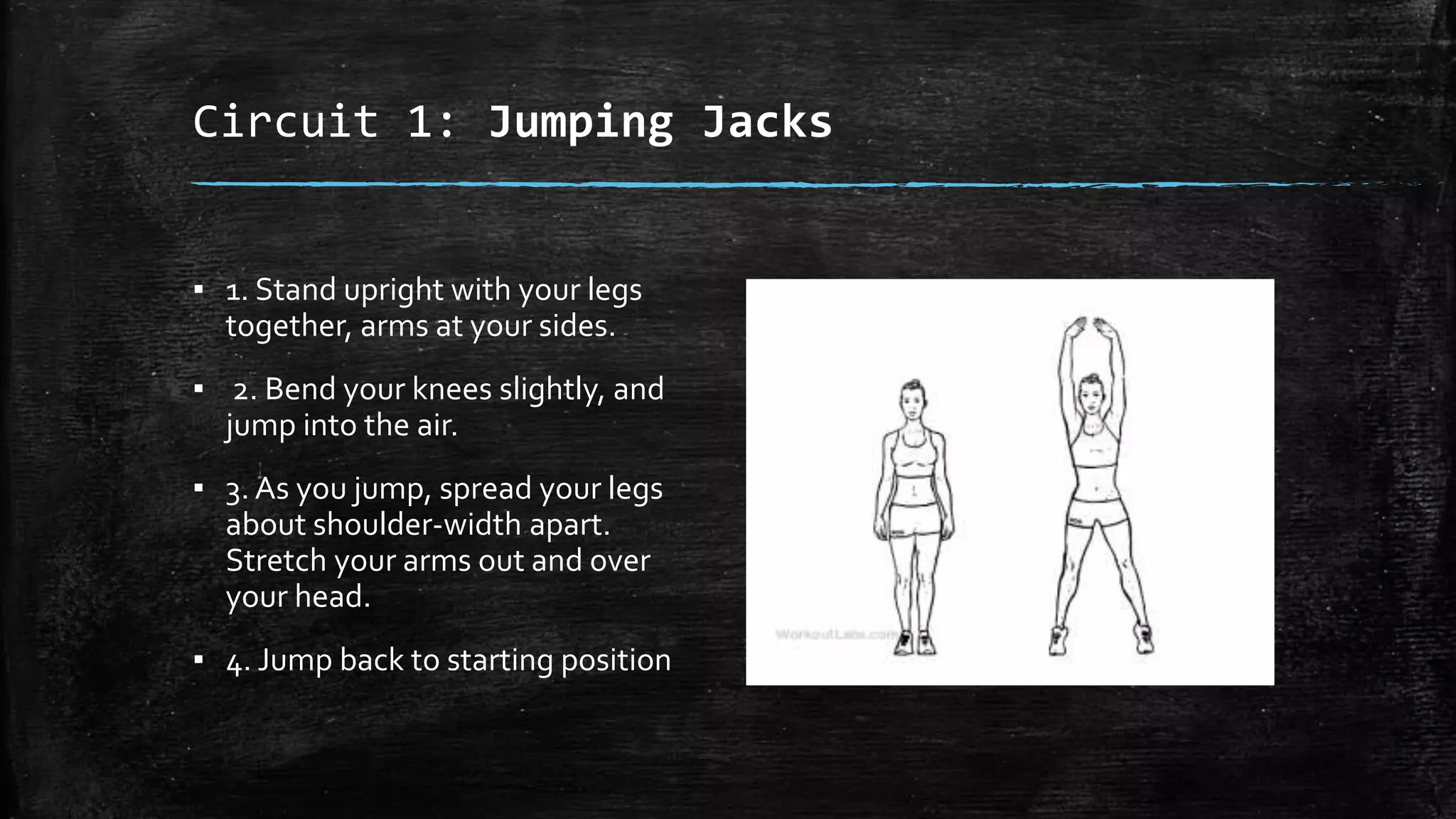 Circuit 1: Jumping Jacks
▪ 1. Stand upright with your legs
together, arms at your sides.
▪ 2. Bend your knees slightly, and
jump into the air.
▪ 3. As you jump, spread your legs
about shoulder-width apart.
Stretch your arms out and over
your head.
▪ 4. Jump back to starting position
 