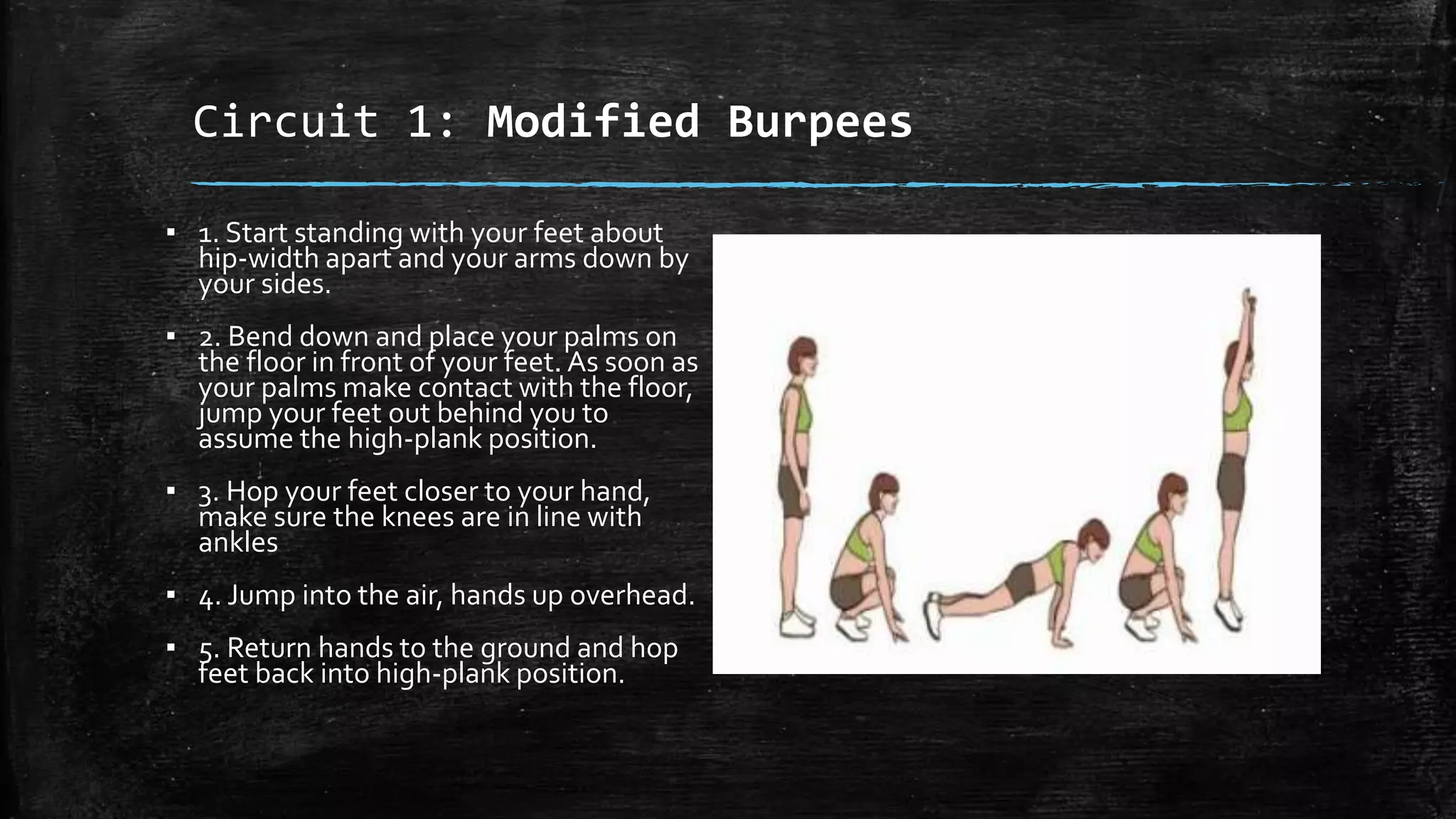 Circuit 1: Modified Burpees
▪ 1. Start standing with your feet about
hip-width apart and your arms down by
your sides.
▪ 2. Bend down and place your palms on
the floor in front of your feet. As soon as
your palms make contact with the floor,
jump your feet out behind you to
assume the high-plank position.
▪ 3. Hop your feet closer to your hand,
make sure the knees are in line with
ankles
▪ 4. Jump into the air, hands up overhead.
▪ 5. Return hands to the ground and hop
feet back into high-plank position.
 