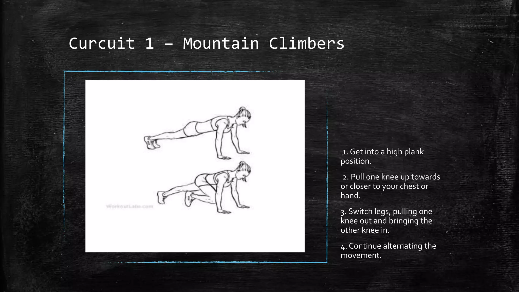 Curcuit 1 – Mountain Climbers
1. Get into a high plank
position.
2. Pull one knee up towards
or closer to your chest or
hand.
3. Switch legs, pulling one
knee out and bringing the
other knee in.
4. Continue alternating the
movement.
 