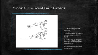 Curcuit 1 – Mountain Climbers
1. Get into a high plank
position.
2. Pull one knee up towards
or closer to your chest or
hand.
3. Switch legs, pulling one
knee out and bringing the
other knee in.
4. Continue alternating the
movement.
 