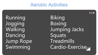 Aerobic Activities
Running
Jogging
Walking
Dancing
Jump Rope
Swimming
Biking
Boxing
Jumping Jacks
Squats
Treadmills
Cardio...