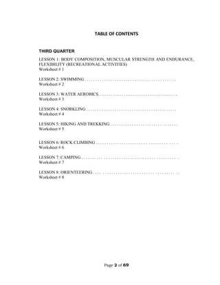 Page 2 of 69
TABLE OF CONTENTS
THIRD QUARTER
LESSON 1: BODY COMPOSITION, MUSCULAR STRENGTH AND ENDURANCE,
FLEXIBILITY (RECREATIONAL ACTIVITIES)
Worksheet # 1
LESSON 2: SWIMMING . . . . . . . . . . . . . . . . . . . . . . . . . . . . . . . . . . . . . . . . . .
Worksheet # 2
LESSON 3: WATER AEROBICS. . . . . . . . . . . . . . . . . . . . . . . . . . . . . . . . . . . . .
Worksheet # 3
LESSON 4: SNORKLING . . . . . . . . . . . . . . . . . . . . . . . . . . . . . . . . . . . . . . . . . .
Worksheet # 4
LESSON 5: HIKING AND TREKKING . . . . . . . . . . . . . . . . . . . . . . . . . . . . . . .
Worksheet # 5
LESSON 6: ROCK CLIMBING . . . . . . . . . . . . . . . . . . . . . . . . . . . . . . . . . . . . .
Worksheet # 6
LESSON 7: CAMPING . . . . . . . . . . . . . . . . . . . . . . . . . . . . . . . . . . . . . . . . . . . .
Worksheet # 7
LESSON 8: ORIENTEERING . . . . . . . . . . . . . . . . . . . . . . . . . . . . . . . . . . . . . . .
Worksheet # 8
 