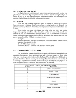 Page 21 of 69
PHYSIOLOGICAL INDICATORS
In physical activity participation, it is also important that we should monitor our
physiological indicators. Physiological indicators are those signs that are physiologic in
nature or have to do with bodily processes. These include heart and rate of perceived
exertion. Each of these physiological indicators is important.
HEART RATE
Heart rate, also known as pulse rate, this is the number of times a person’s heart
beats per minute. It indicates the effort your heart is doing based on the demands you
place on your body. The more demanding your physical activity means that the heart rate
is faster.
To determine your pulse rate, locate your pulse using your index and middle
fingers. Press gently to feel the pulse. Count the number of beats in 10 seconds and
multiply by 6 to get your number of beats per minute. The 15 second count is also used
by the multiplied by 4 to get the number of beats per minute. The normal heart rate of a
person ranges from 60 to 100 beats per minute (bpm).
Example:
Marissa counted her heart beat following the 15 seconds method, Marissa’s heart
beats for 15 seconds is 23. So:
23 x 4 = 92 beats per minute
Therefore, Marissa’s heart rate is 92 beats per minute (bpm)
RATE OF PERCEIVE EXERTION (RPE)
Our participation towards the different physical activities/exercises varies in our
capacities. One may say that a certain physical activity/exercise is easy for them, while
other may view it oppositely. In doing this, the Rate of Perceived Exertion (RPE) aids to
guide each and one of us in assessing the intensity of exercises based on how we feel. It
is basically a subjective assessment of effort which ranges from 6 (very, very light) to 20
(very, very hard). Source: Data from Borg from Corbin et. al. (2008)
 