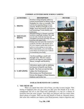 Page 56 of 69
10 HEALTH BENEFITS OF CAMPING
1. THE FRESH AIR
When you spend time near a lot of trees, you take in more oxygen. That
feeling of happiness that you get when you take your first breath of air at the
campground isn't all in your head--well, technically it is, but it's a release of
serotonin from the extra oxygen. Your body can function with less strain when
there's plenty of oxygen. That's not the only benefit of fresh air. Research shows
that some time outdoors can improve your blood pressure, improve digestion and
 