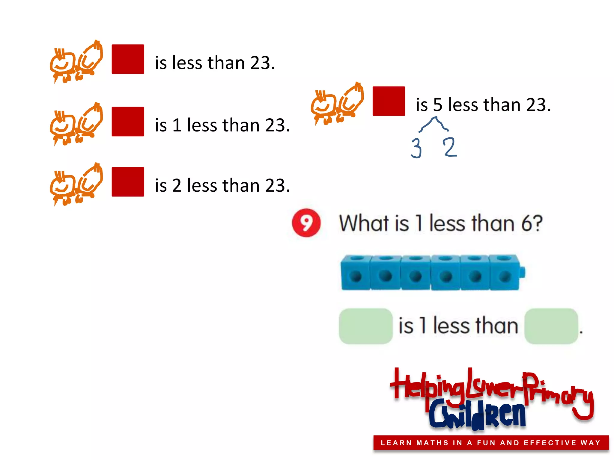 is less than 23.

                           is 5 less than 23.
is 1 less than 23.

is 2 less than 23.




                     LEARN MATHS IN A FUN AND EFFECTIVE WAY
 