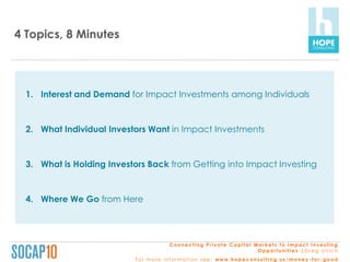 4 Topics, 8 Minutes  Interest and Demand for Impact Investments among Individuals  What Individual Investors Want in Impact Investments  What is Holding Investors Back from Getting into Impact Investing  Where We Go from Here  