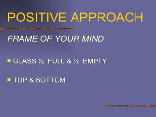 POSITIVE APPROACH  FRAME OF YOUR MIND GLASS ½  FULL & ½  EMPTY TOP & BOTTOM 