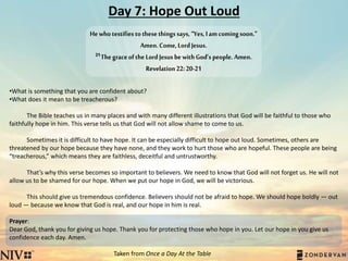 Day 7: Hope Out Loud
•What is something that you are confident about?
•What does it mean to be treacherous?
The Bible teaches us in many places and with many different illustrations that God will be faithful to those who
faithfully hope in him. This verse tells us that God will not allow shame to come to us.
Sometimes it is difficult to have hope. It can be especially difficult to hope out loud. Sometimes, others are
threatened by our hope because they have none, and they work to hurt those who are hopeful. These people are being
“treacherous,” which means they are faithless, deceitful and untrustworthy.
That’s why this verse becomes so important to believers. We need to know that God will not forget us. He will not
allow us to be shamed for our hope. When we put our hope in God, we will be victorious.
This should give us tremendous confidence. Believers should not be afraid to hope. We should hope boldly — out
loud — because we know that God is real, and our hope in him is real.
Prayer:
Dear God, thank you for giving us hope. Thank you for protecting those who hope in you. Let our hope in you give us
confidence each day. Amen.
Taken from Once a Day At the Table
Hewhotestifiestothesethingssays,“Yes,Iamcomingsoon.”
Amen.Come,LordJesus.
21ThegraceoftheLordJesusbewithGod’speople.Amen.
Revelation22:20-21
 