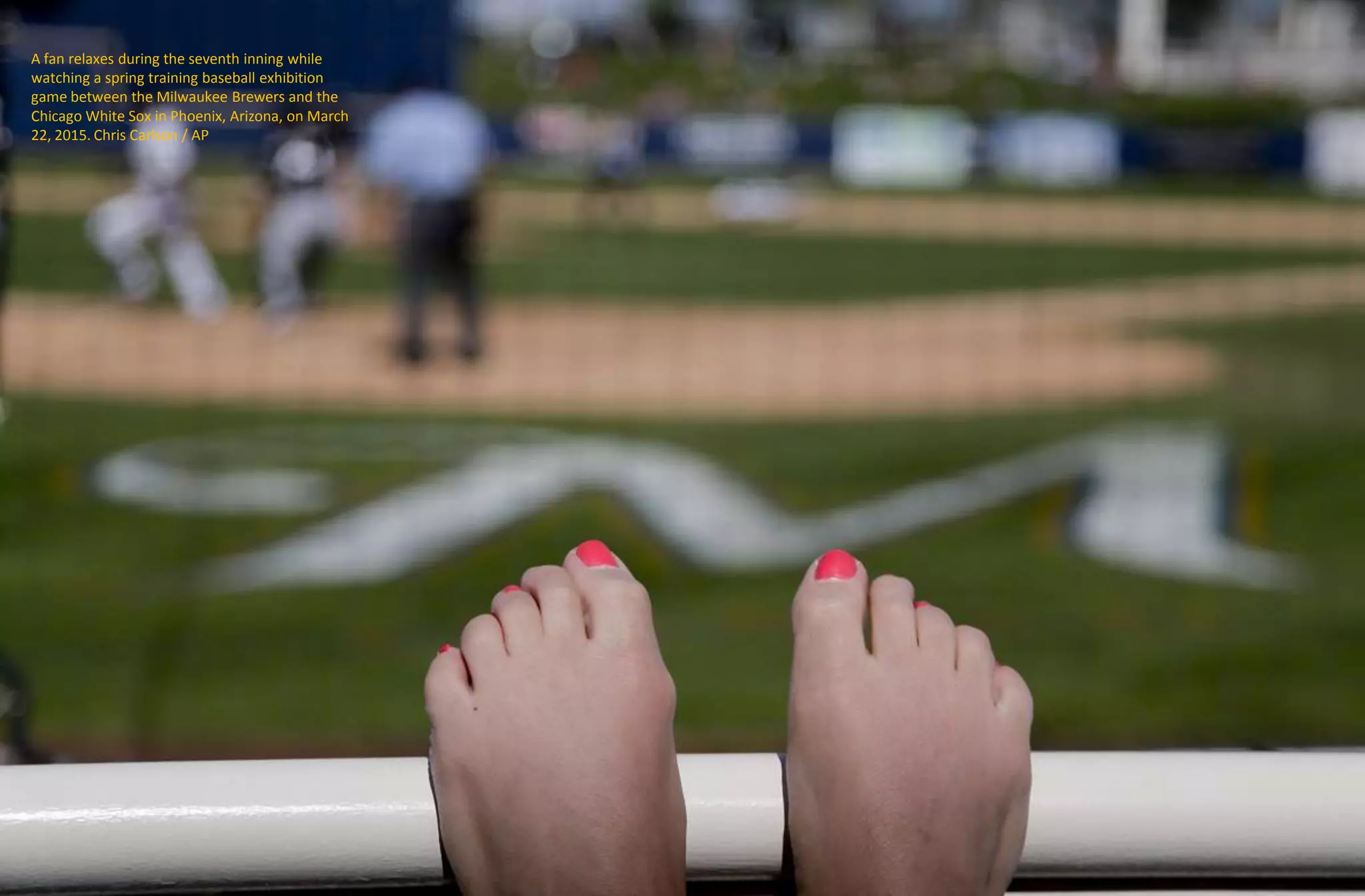 A fan relaxes during the seventh inning while
watching a spring training baseball exhibition
game between the Milwaukee Brewers and the
Chicago White Sox in Phoenix, Arizona, on March
22, 2015. Chris Carlson / AP
 