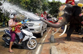 Elephants spray villagers with water in
celebration of the Songkran water festival in
Thailand's Ayutthaya province, north of Bangkok,
on April 10, 2015. Chaiwat Subprasom / Reuters
 