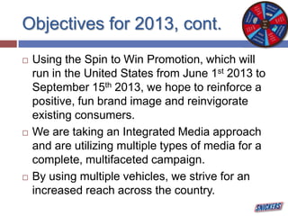 Objectives for 2013, cont.
 Using the Spin to Win Promotion, which will
run in the United States from June 1st 2013 to
September 15th 2013, we hope to reinforce a
positive, fun brand image and reinvigorate
existing consumers.
 We are taking an Integrated Media approach
and are utilizing multiple types of media for a
complete, multifaceted campaign.
 By using multiple vehicles, we strive for an
increased reach across the country.
 