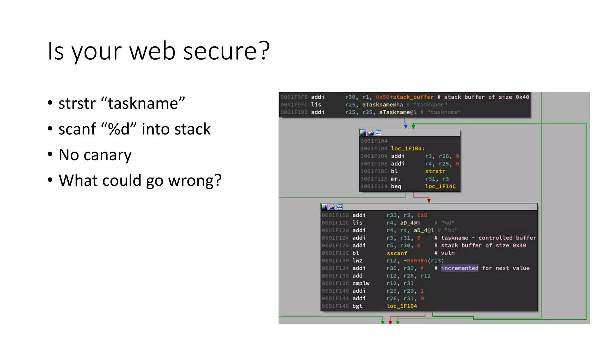 Is your web secure?
• strstr “taskname”
• scanf “%d” into stack
• No canary
• What could go wrong?
 