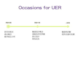 Occasions for UER


開發初期           開發中期            上線後




使用者需求         驗證設計概念         驗證與診斷
產品概念          發掘易用性問題        提供改進的依據
競爭產品分析        修正設計
              降低成本
 