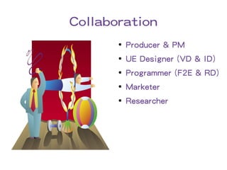 Collaboration
       ●
           Producer & PM
       ●
           UE Designer (VD & ID)
       ●
           Programmer (F2E & RD)
       ●
           Marketer
       ●
           Researcher
 