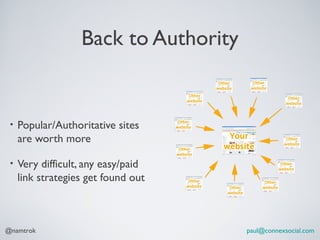 Back to Authority


 •   Popular/Authoritative sites
     are worth more

 •   Very difficult, any easy/paid
     link strategies get found out



@namtrok                               paul@connexsocial.com
 