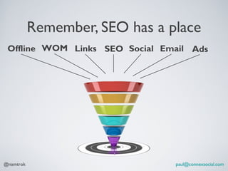 Remember, SEO has a place
 Offline WOM Links SEO Social Email Ads




@namtrok                        paul@connexsocial.com
 