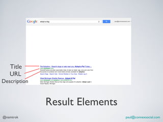 Title
   URL
Description



              Result Elements
@namtrok                        paul@connexsocial.com
 
