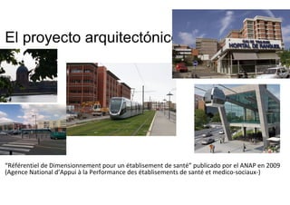 El proyecto arquitectónico
“Référentiel de Dimensionnement pour un établisement de santé” publicado por el ANAP en 2009 
(Agence National d’Appui à la Performance des établisements de santé et medico‐sociaux‐) 
 