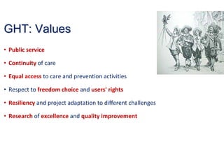 GHT: ValuesGHT: Values
• Public service
• Continuity of care
• Equal access to care and prevention activities
• Respect to freedom choice and users' rights
• Resiliency and project adaptation to different challenges
• Research of excellence and quality improvement
 