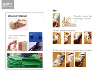 CONCEPT
DEVELOP :
Develop mock up When foot move, this
area easy to be pain
Fingers easy to go outside.
Case study : material
and process
These forms are the most potential to develop.
Test
 