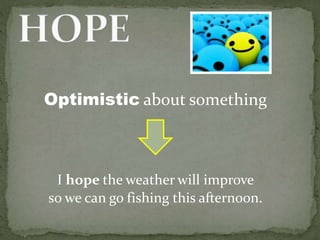 Optimistic about something
I hope the weather will improve
so we can go fishing this afternoon.
 