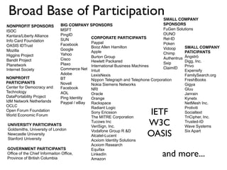 Broad Base of Participation
BIG COMPANY SPONSORS
MSFT
PingID
SUN
Facebook
Google
Yahoo
Cisco
Plaxo
Commerce Net
Adobe
BT
Novell
Facebook
AOL
Ping Identity
Paypal / eBay
NONPROFIT SPONSORS
ISOC
Kantara/Liberty Alliance
Info Card Foundation
OASIS IDTrust
Mozilla
Higgins Project
Bandit Project
Planetwork
Internet Society
CORPORATE PARTICIPANTS
Paypal
Booz Allen Hamilton
Apple
Burton Group
Hewlett Packared
International Business Machines
Intuit
LexisNexis
Nippon Telegraph and Telephone Corporation
Nokia Siemens Networks
NRI
Oracle
Orange
Rackspace
Radiant Logic
Sony Ericsson
The MITRE Corporation
Tucows Inc
VeriSign, Inc.
Vodafone Group R &D
Alcatel-Lucent
Acxiom Identity Solutions
Acxiom Research
Equifax
LinkedIn
Amazon
SMALL COMPANY
SPONSORS
FuGen Solutions
OUNO
Rel-ID
Poken
Vidoop
Chimp
Authentrus
Sxip
ClaimID
IETF
W3C
OASIS
SMALL COMPANY
PATICIPANTS
Ångströ
Digg, Inc.
Privo
Expensify
FamilySearch.org
FreshBooks
Gigya
Gluu
Janrain
Kynetx
NetMesh Inc.
Protiviti
Socialtext
TriCipher, Inc.
Trusted-ID
Wave Systems
Six Apart
NONPROFIT
PARTICIPANTS
Center for Democracy and
Technology
DataPortability Project
IdM Network Netherlands
OCLC
Open Forum Foundation
World Economic Forum
UNIVERSITY PARTICIPANTS
Goldsmiths, University of London
Newcastle University
Stanford University
GOVERNMENT PARTICIPANTS
Office of the Chief Informaiton Office,
Province of British Columbia
and more...
 