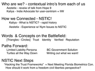 Who are we? - contextual intro’s from each of us
Aestetix - reveiw of talk from Hope 9
Kaliya - Indie Advocate for user-centrism + IIW
How we Connected - NSTIC!
Kaliya - What is NSTIC? - rapid history
Aestetix - Experience w/ Nym Issues to NSTIC
Words & Concepts on the Battleﬁeld:
[Triangles - Circles] Trust Identity Veriﬁed Reputation
Paths Forward:
Limited Liability Persona BC Government Solution
Turtles all the Way Down Writing out what we want!
NSTIC Next Steps
“Hacking the Trust Frameworks” + Next Meeting Florida Biometrics Con.
How should it work from a freedom civil liberties perspective?
 