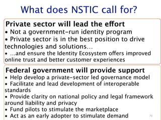 Private sector will lead the effort
• Not a government-run identity program
• Private sector is in the best position to drive
technologies and solutions…
• …and ensure the Identity Ecosystem offers improved
online trust and better customer experiences
Federal government will provide support
• Help develop a private-sector led governance model
• Facilitate and lead development of interoperable
standards
• Provide clarity on national policy and legal framework
around liability and privacy
• Fund pilots to stimulate the marketplace
• Act as an early adopter to stimulate demand 70
What does NSTIC call for?
 