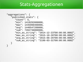 Stats-Aggregationen
"aggregations": {
"published_stats": {
"count": 5,
"min": 1419292800000,
"max": 1445990400000,
"avg": 1440547200000,
"sum": 7202736000000,
"min_as_string": "2014-12-23T00:00:00.000Z",
"max_as_string": "2015-10-28T00:00:00.000Z",
"avg_as_string": "2015-08-26T00:00:00.000Z",
"sum_as_string": "2198-03-31T00:00:00.000Z"
}
}
 