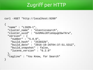 Zugriff per HTTP
curl -XGET "http://localhost:9200"
{
"name" : "LI8ZN-t",
"cluster_name" : "elasticsearch",
"cluster_uuid" : "UvbMAoJ8TieUqugCGw7Xrw",
"version" : {
"number" : "5.0.0",
"build_hash" : "253032b",
"build_date" : "2016-10-26T04:37:51.531Z",
"build_snapshot" : false,
"lucene_version" : "6.2.0"
},
"tagline" : "You Know, for Search"
}
 